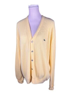 Vintage 70s IZOD Lacoste Butter Yellow Orlon Acrylic Cardigan Sweater USA Large